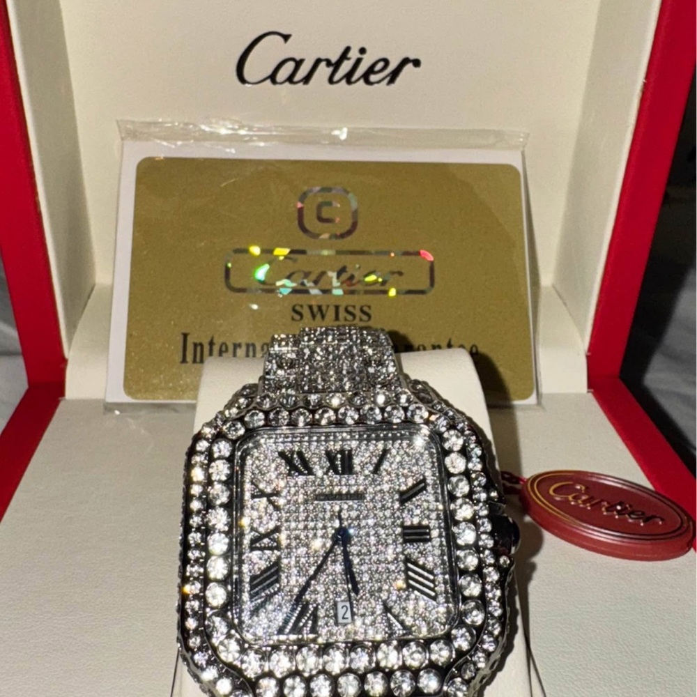 Bustdown “moissanite” Cartier Silver and Diamond Encrusted Timepiece